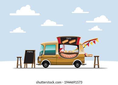 The food truck on side view with menu hotdog and wooden chair, banner hotdoc on top of car, vector illustration