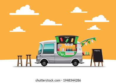 The food truck on side view with menu of beverage and wooden chair, banner of drink on top of mini car, vector illustration
