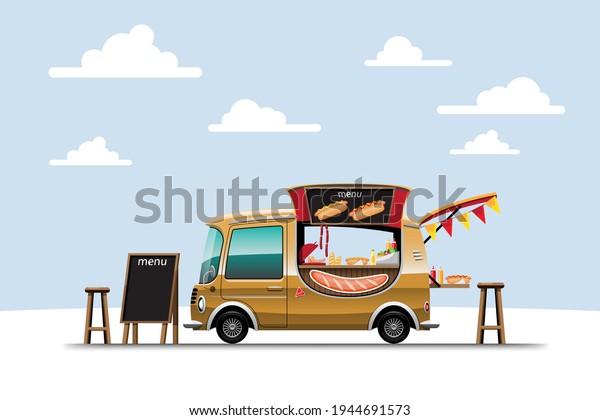 The food truck\
on side view with menu hotdog and wooden chair, banner hotdoc on\
top of car, vector\
illustration