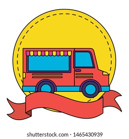 food truck on white background sticker ribbon vector illustration