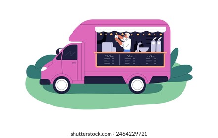 Food truck, outdoor bar. Street vendor selling drinks, beverages at caravan counter. Bartender at window of wheeled mobile cafe van, transport. Flat vector illustration isolated on white background