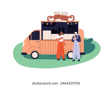 Food truck, outdoor mobile cafe. Customers drinking coffee by street van. Man and woman talking at wheeled bakery and coffee shop, caravan. Flat vector illustration isolated on white background