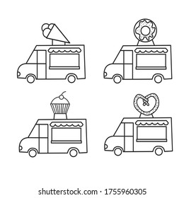 Food Truck Outline Illustration. Set Of  Trailers With Ice Cream, Pretzels, Muffins And Donuts. Outline Illustration, Coloring