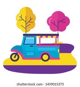 food truck park street trees design vector illustration