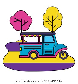 food truck park street trees design vector illustration