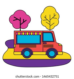 food truck park street trees design vector illustration