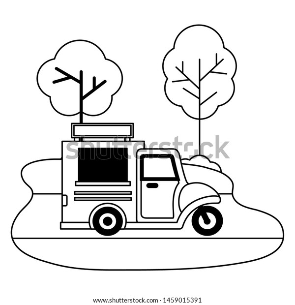 food\
truck park street trees design vector\
illustration