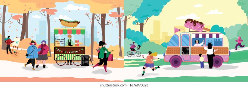 Food truck in park vector illustration. Cartoon person eat street food from hot dog and ice cream truck in parkland in autumn and summer season. Man painting, woman jogging, happy female roller