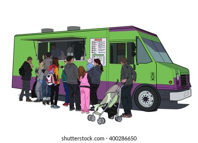 Food Truck With People Eating Fast Food