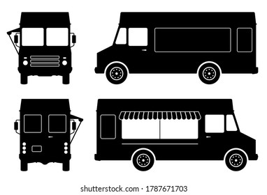 Food truck pictograms on white background. Vehicle black icons set view from side, front and back.