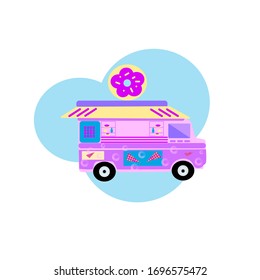 food truck pink van with a donut on a roof flat style vector illustration