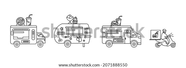 Food truck\
with pizza, cupcake, ice cream and burger Moped scooter delivery\
Set of outline vector\
illustrations