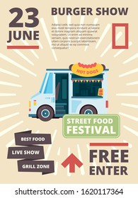 Food truck poster. Delivering products festival invite cars with cousine burgher party banner vector placard template