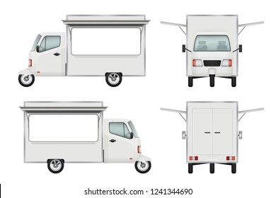 Food Truck Realistic. Fast Food Delivery Motorbike Transport Open Truck Window Catering Service Vector 3d Illustrations