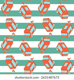 Food Truck Seamless Pattern Design featuring stylized red food vans with flags in flat cartoon style, repeated across teal and white horizontal stripes.