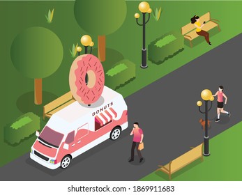 Food truck selling doughnuts at park isometric 3d vector concept for banner, website, illustration, landing page, flyer, etc.