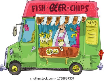 Food truck selling fish and chips. Caricature, hand drawn cartoon. Traditional street food cafe.