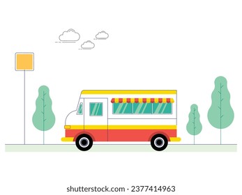 Food truck selling on the street, summer business with many people sightseeing in the park. Character design. Vector flat illustration