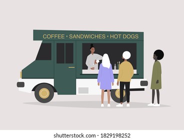 Food Truck Selling Sandwiches And Coffee, A Diverse Group Of People Waiting In Line