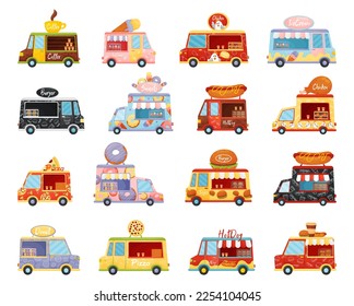 Food Truck Selling Street Meal and Snack Big Vector Set