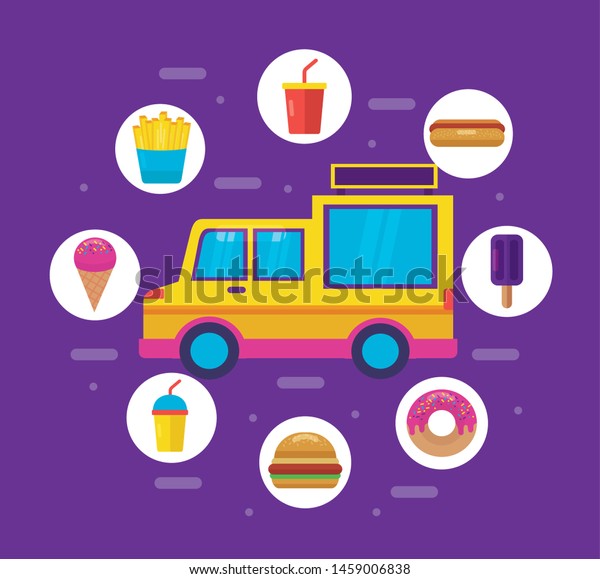 food truck service ice cream donut soda\
vector illustration