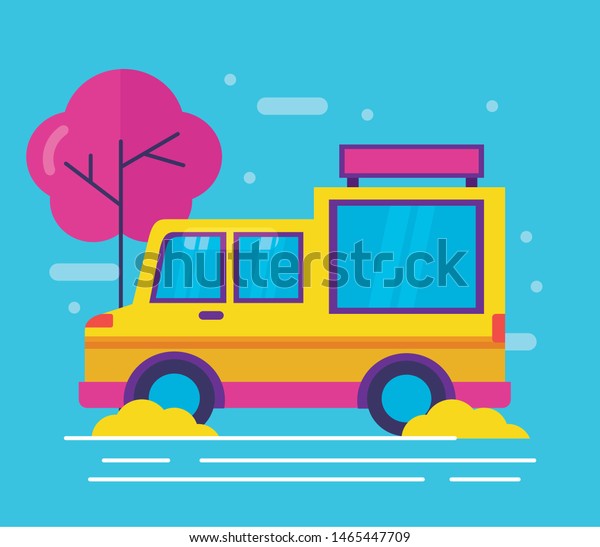 food\
truck service pink tree outdoor vector\
illustration