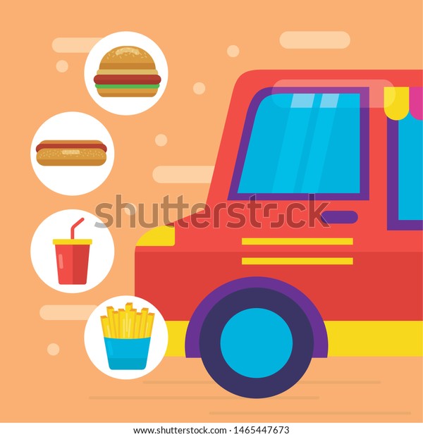 food truck services stickers soda french\
fries vector illustration