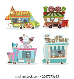 Food truck set with coffee, ice cream, pizza and donuts