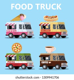 Food truck set. Pizza, ice cream, hot dog and coffee. Street cafe. Van design. Fast food restaurant. Isolated vector illustration in cartoon style