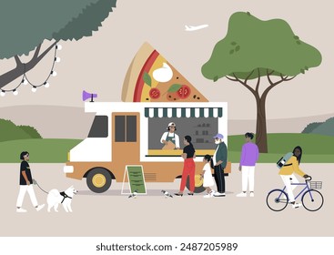 A food truck shaped like a pizza slice serves hungry parkgoers under a canopy of trees, A woman with a dog walks by, while others wait in line for a delicious snack