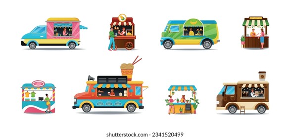 Food truck. Shop kiosk. Vendor at counter selling cocktails and coffee. Merchant in stall on street market with ice or book. Snacks tent. Wok store cart. Vector tidy illustration set