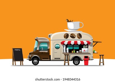The food truck side view with coffee shop menu and wooden chair, model coffee cup on top of car, yellow background on white floor, vector illustration