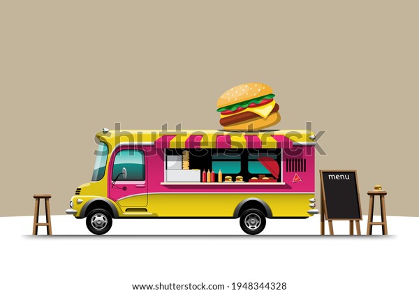 The food\
truck side view with Hamburger menu and wooden chair, model large\
burger on top of car, vector\
illustration