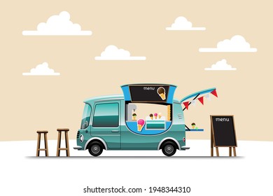 The food truck side view with ice cream counter,  menu and wooden chair, Ice cream banner on top of car, lanscape view on background, vector illustration