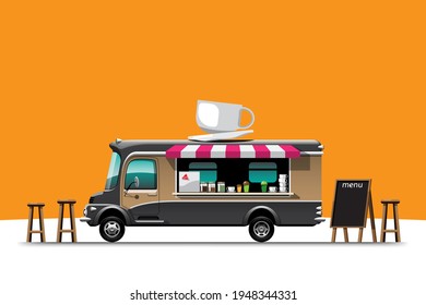 Vista lateral de los food truck y café a la carta con silla de madera, ilustración vectorial