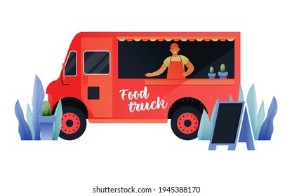 Food Truck Side View. Modern Flat Vector Illustration. Young Barista Inviting for Visit. Decorative Plant Elements, Pavement Sign. Colorful Cartoon Style Street Food Truck Van. Social Media Template.
