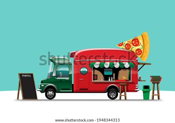 The\
food truck side view with pizza menu and box on wooden chair, model\
piece of pizza on top of car, vector\
illustration