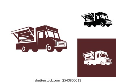 food truck silhouette logo design isolated white and red  background