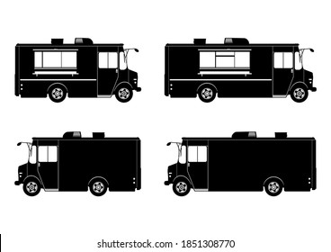 Food truck silhouette. A set of food trucks in a short and long version, both sides of the vehicle. Each silhouette consists of a black and white shape. Flat vector.