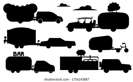 Food truck silhouette. Street eating caravan mobile restaurant set. Isolated bar, cafe, coffee shop on wheels flat icon collection. Trailer trucks transport, food and drinks transportation service