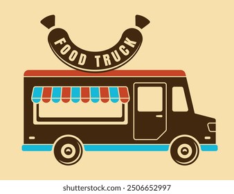 Food truck silhouette vector illustration colored icon, front view with hot dog sausage sign board on roof