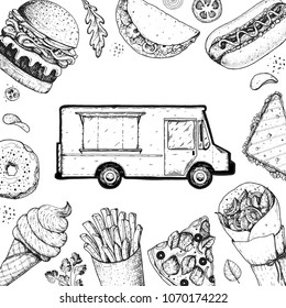 Food truck sketch vector illustration. Fast food design template. Street food concept. Engraved style.