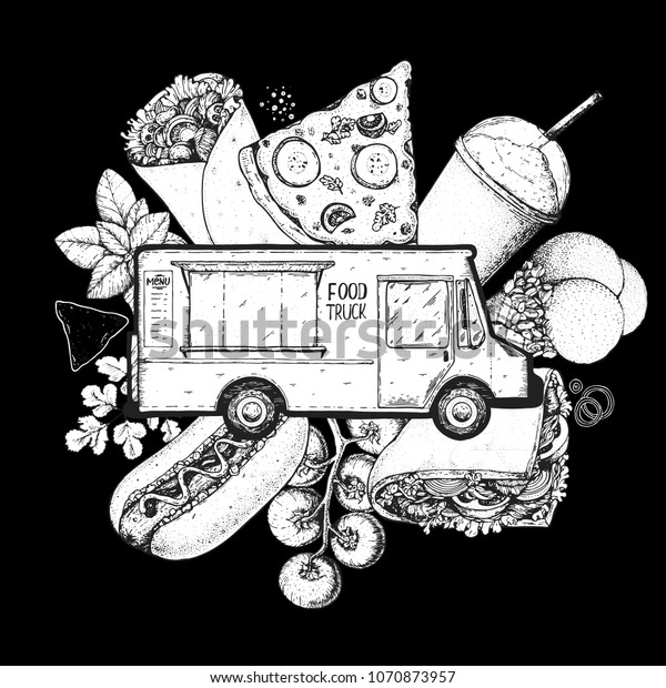 Food truck sketch vector\
illustration. Fast food design template. Street food concept.\
Engraved style.