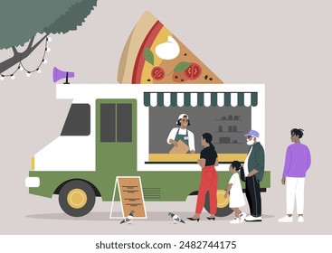 A food truck specializing in pizza is open for business, serving a line of eager customers under a canopy of trees