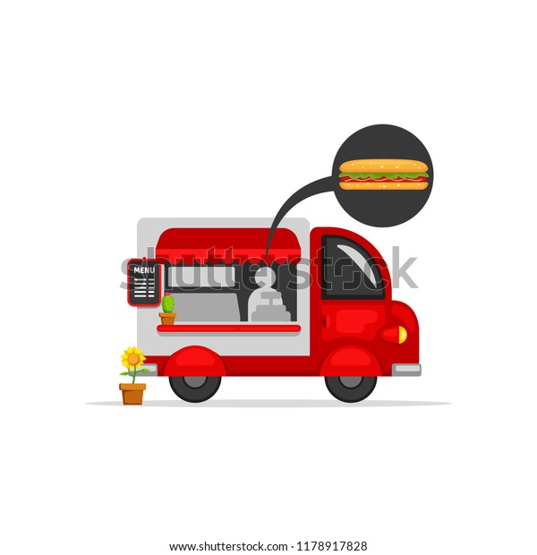 Food truck stand street food\
van car offering hot dog vector illustration cartoon\
style