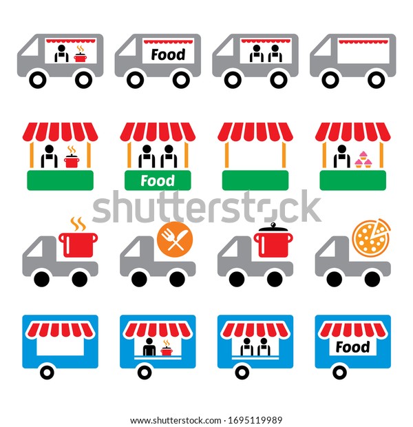 Food truck, food stand, food\
trailer, food delivery - pizza, farmer\'s market vector icons set\
\
