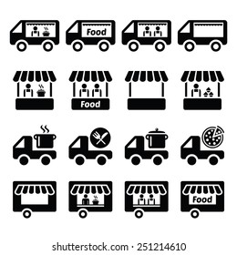 Food truck, food stand and food trailer icons set