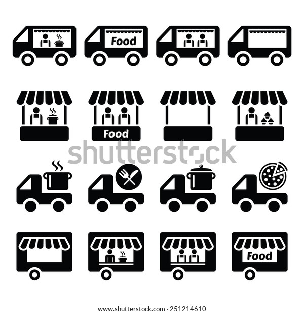 Food truck,
food stand and food trailer icons
set