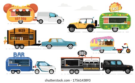 Food truck. Street food caravan mobile restaurant icons. Isolated hot dog, taco, beer drink, donut, BBQ, bar, cafe on wheels collection. Vector trailer trucks transport, food transport side view
