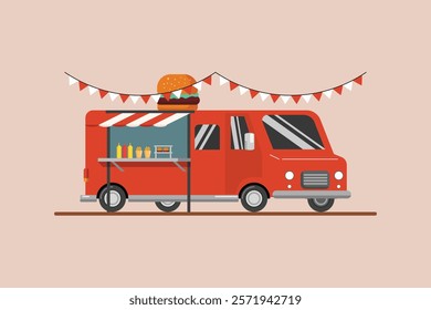 Food truck with street food concept. Colored flat vector illustration isolated.